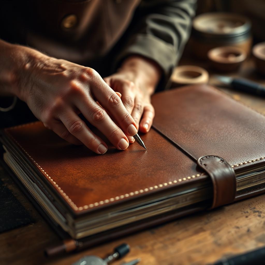 Artisan crafting a leather-bound photo album
